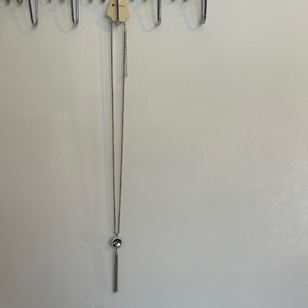 Stony Silver Long Pendant Necklace with Clear Stone